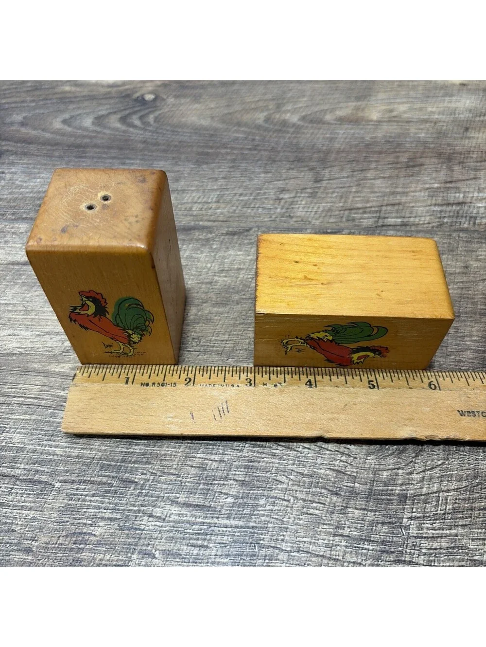 Vintage Wooden Square Rooster Salt and Pepper Shakers